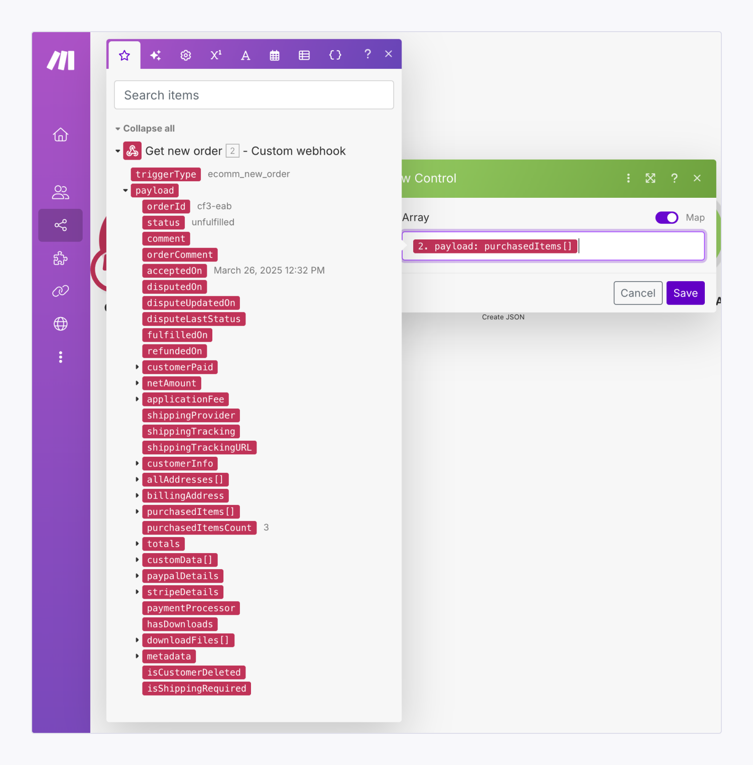 The payload containing order data populates in Make when an order is received.