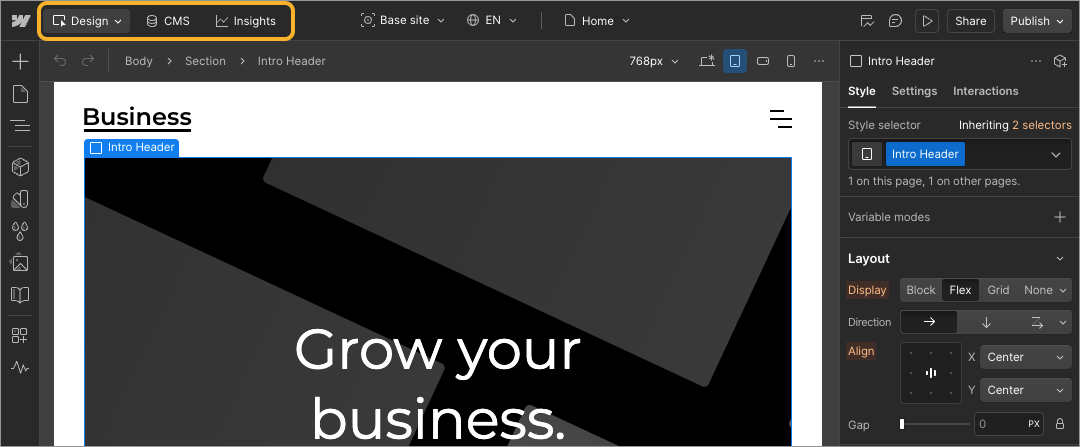 The Webflow interface with the tabbed navigation highlighted.