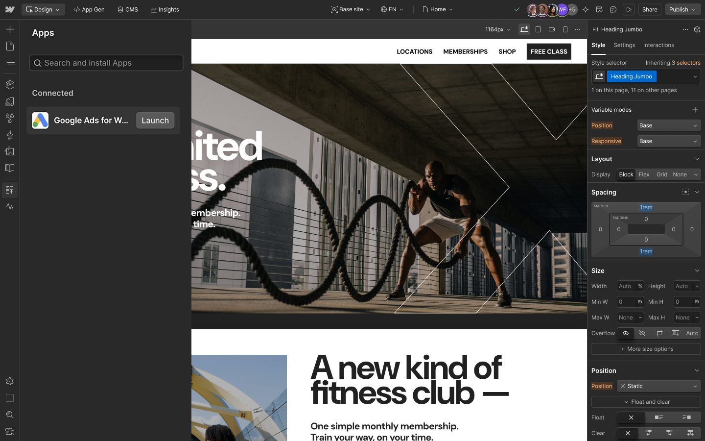 The Google Ads for Webflow App in the Apps panel.